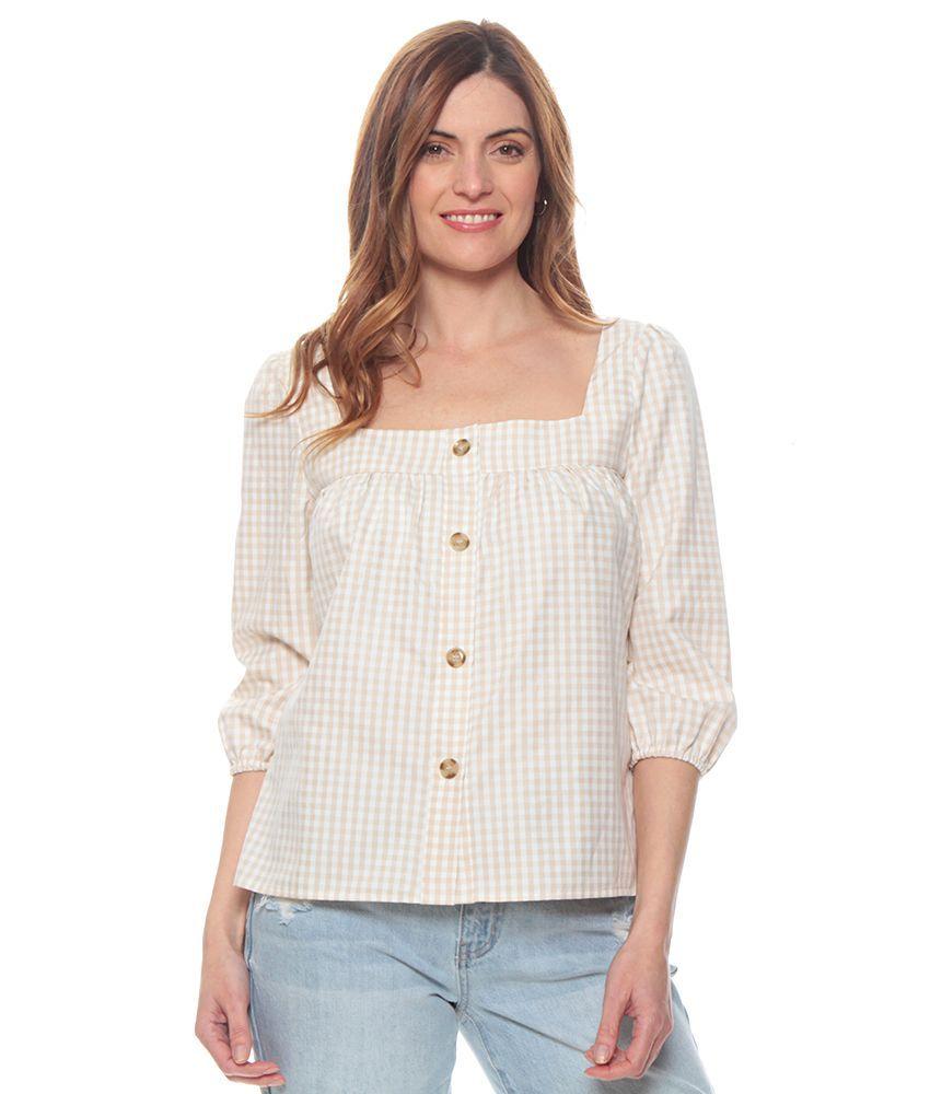 Blusa Manga Larga Escoces Escote Cuadrado Con Botones-0