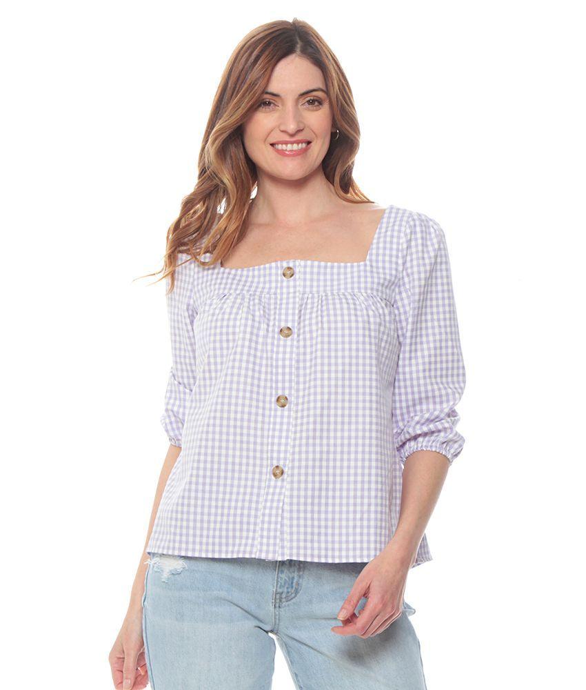 Blusa Manga Larga Escoces Escote Cuadrado Con Botones-0