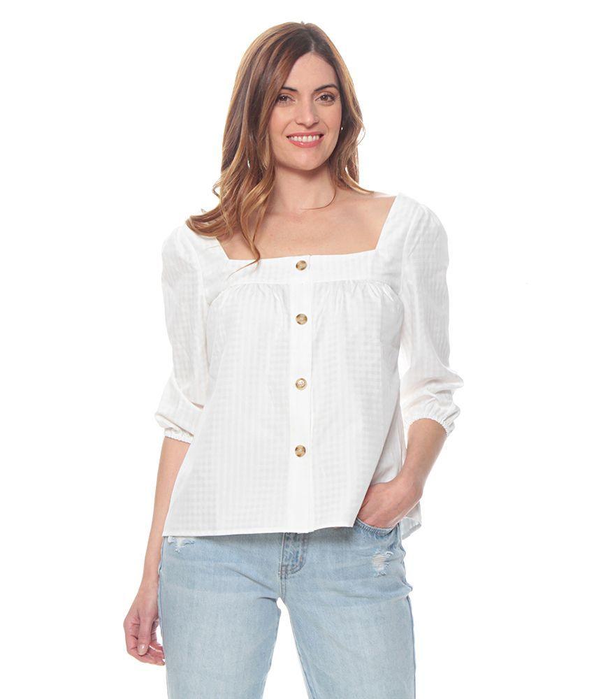 Blusa Manga Larga Escoces Escote Cuadrado Con Botones-0
