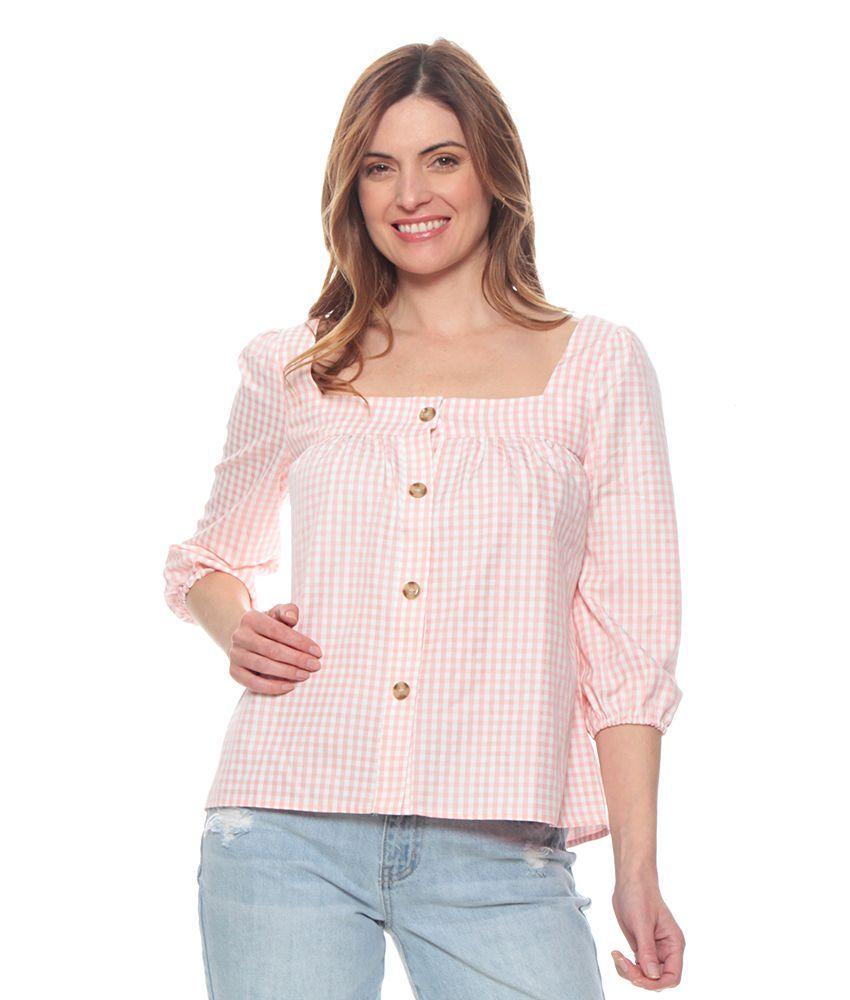 Blusa Manga Larga Escoces Escote Cuadrado Con Botones-0