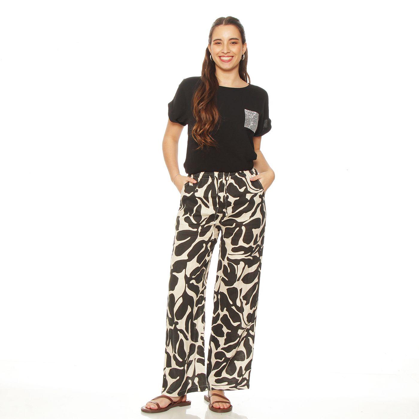 Pantalon Wide Leg Lino Estampado  Tiro Alto Pretina Basica Elasticada-3