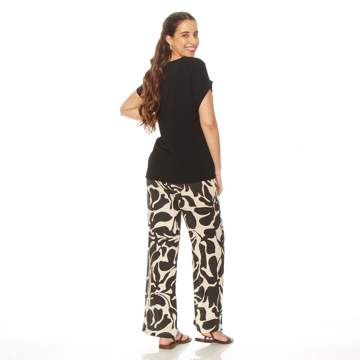 Pantalon Wide Leg Lino Estampado  Tiro Alto Pretina Basica Elasticada-6
