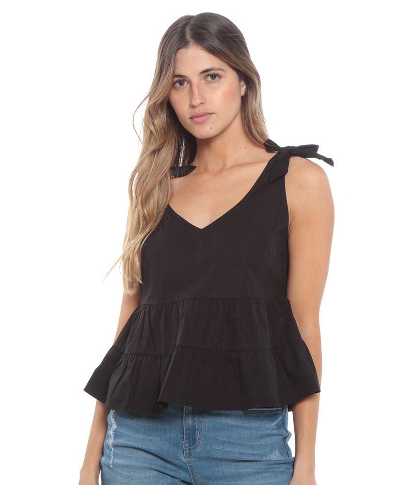 Blusa Con Volantes Sin Manga Detalle En Hombro Escote V-0