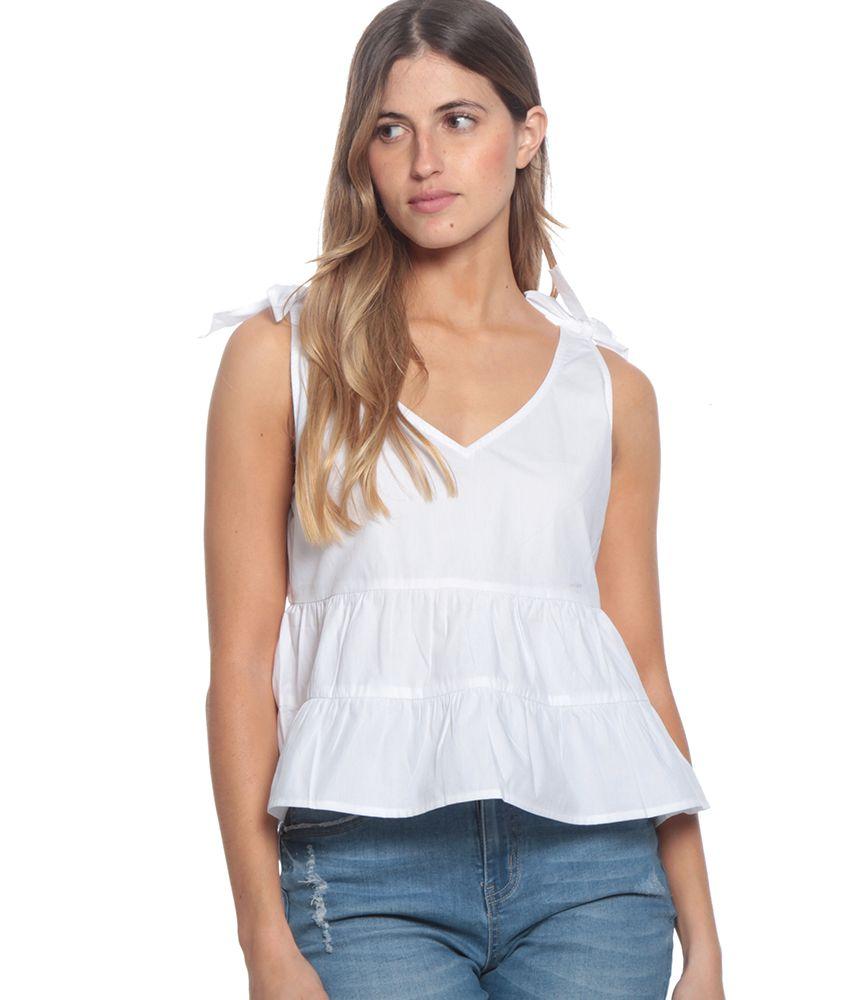 Blusa Con Volantes Sin Manga Detalle En Hombro Escote V-0