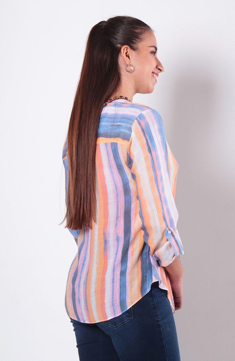 Blusa Manga Larga Listada   Abotonada En Delantero Y Bolsillo-3