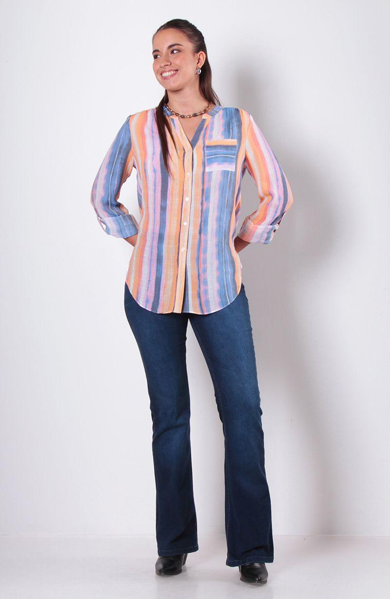 Blusa Manga Larga Listada   Abotonada En Delantero Y Bolsillo-7