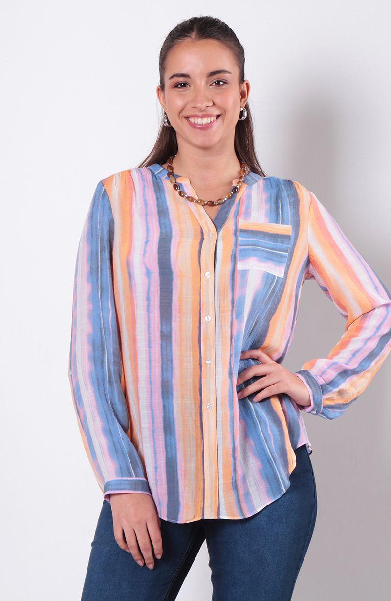 Blusa Manga Larga Listada   Abotonada En Delantero Y Bolsillo-0