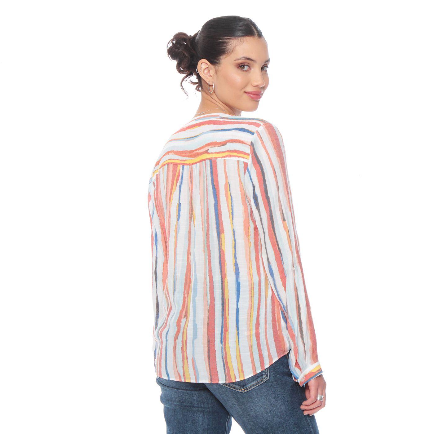 Blusa Manga Larga Listada Abotonada En El Delantero Y Nuedo En Ruedo-5