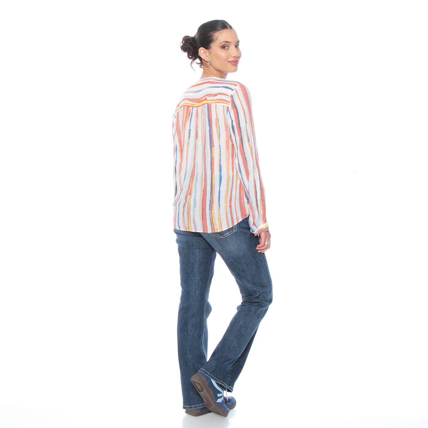 Blusa Manga Larga Listada Abotonada En El Delantero Y Nuedo En Ruedo-6