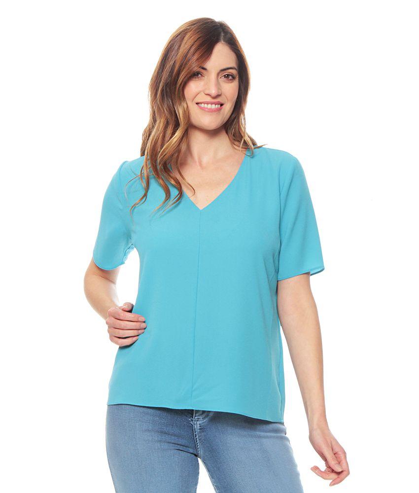 Blusa Manga Corta Solida Escote V-0