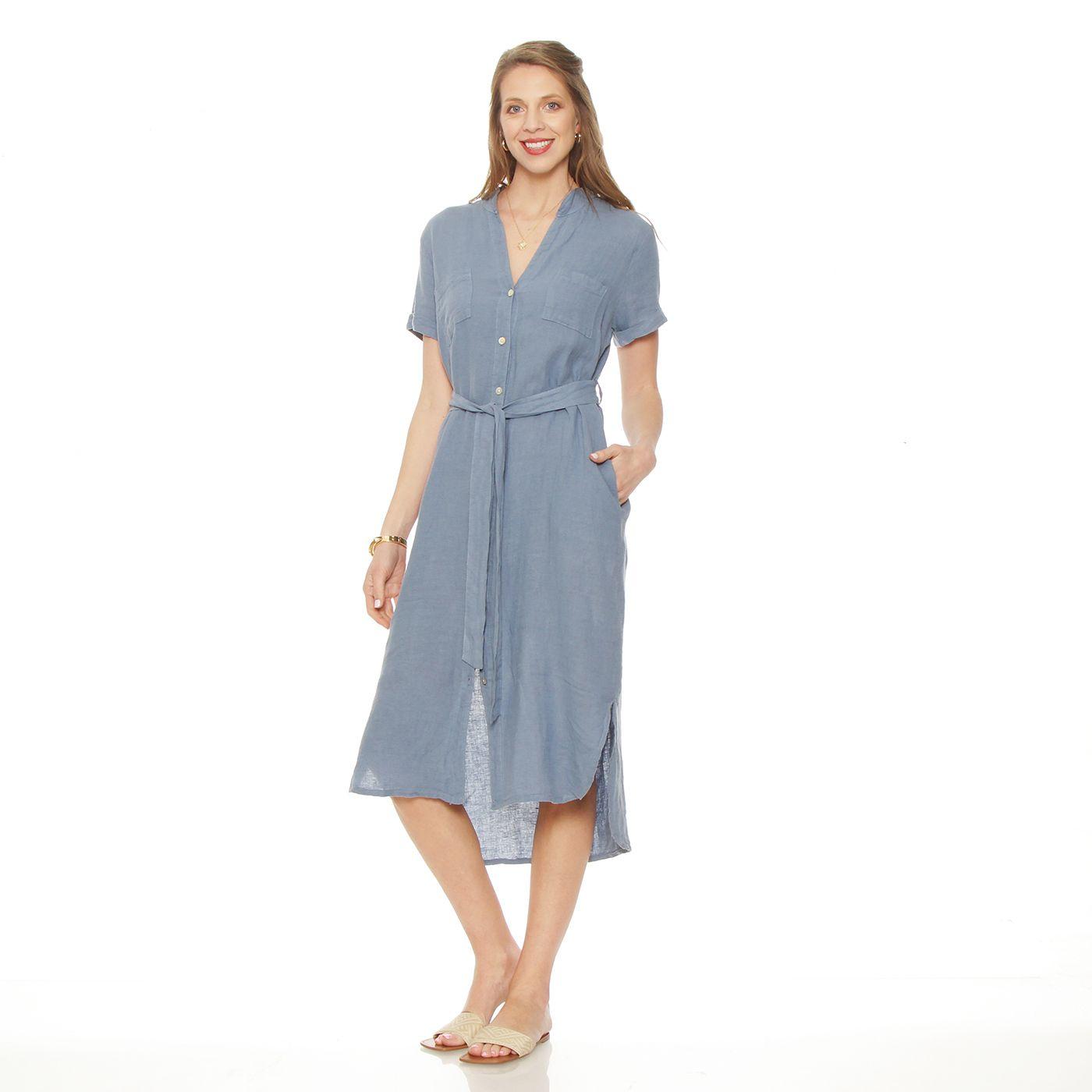 Vestido Camisero Lino Manga Corta Abotonado En Delantero-2