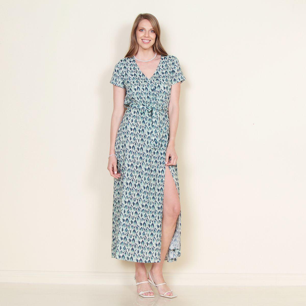 Vestido Manga Corta Estampado Escote V Con Lazo En Cintura-2