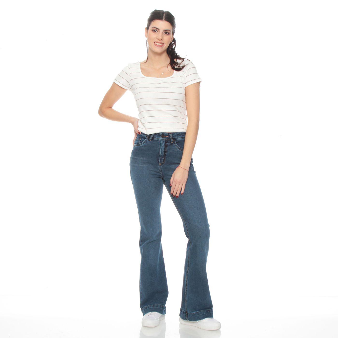Jeans Flare Tiro Alto Pretina Basica 1 Boton-4