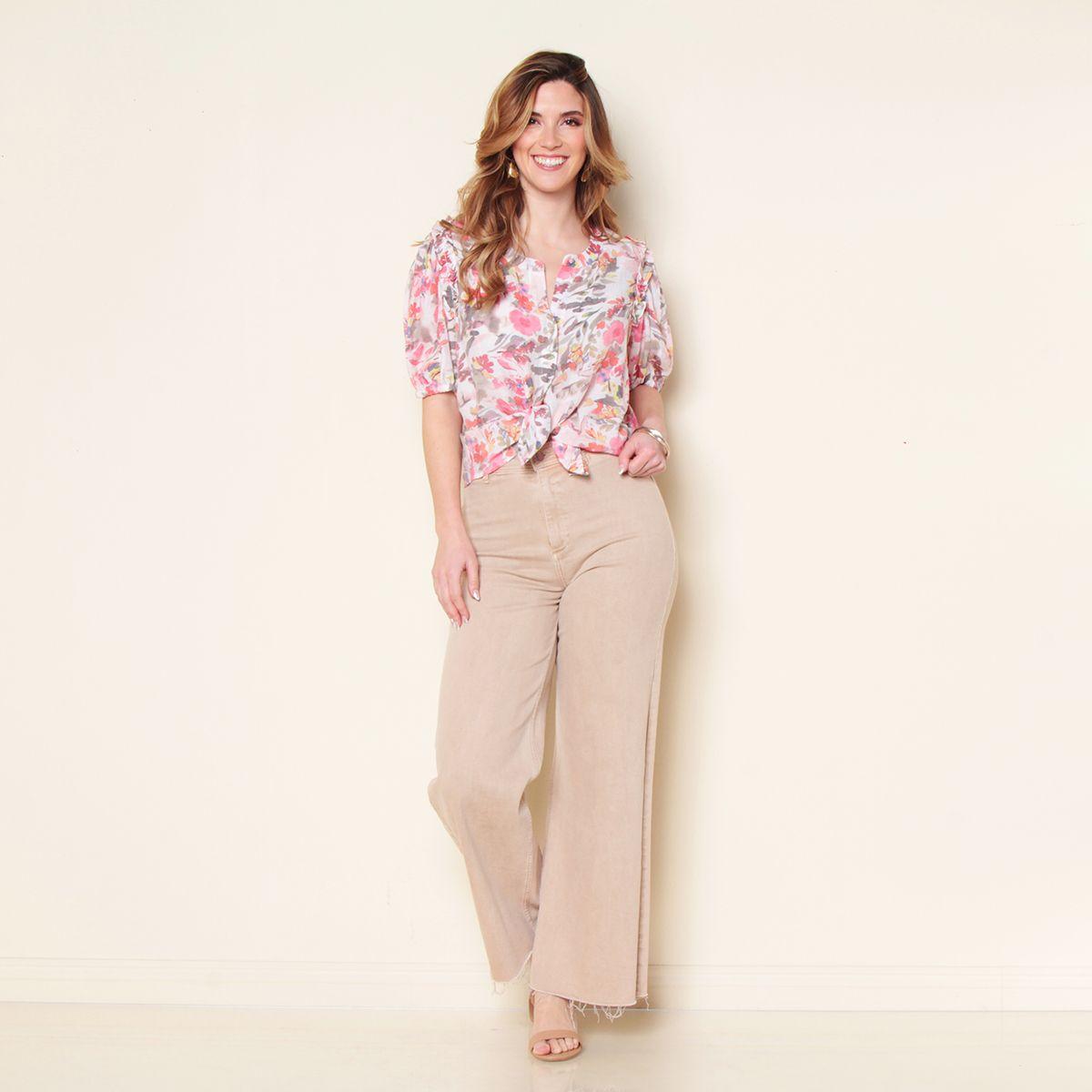 Blusa Manga Corta Elasticada Estampada Escote Redondo Abotonada-4