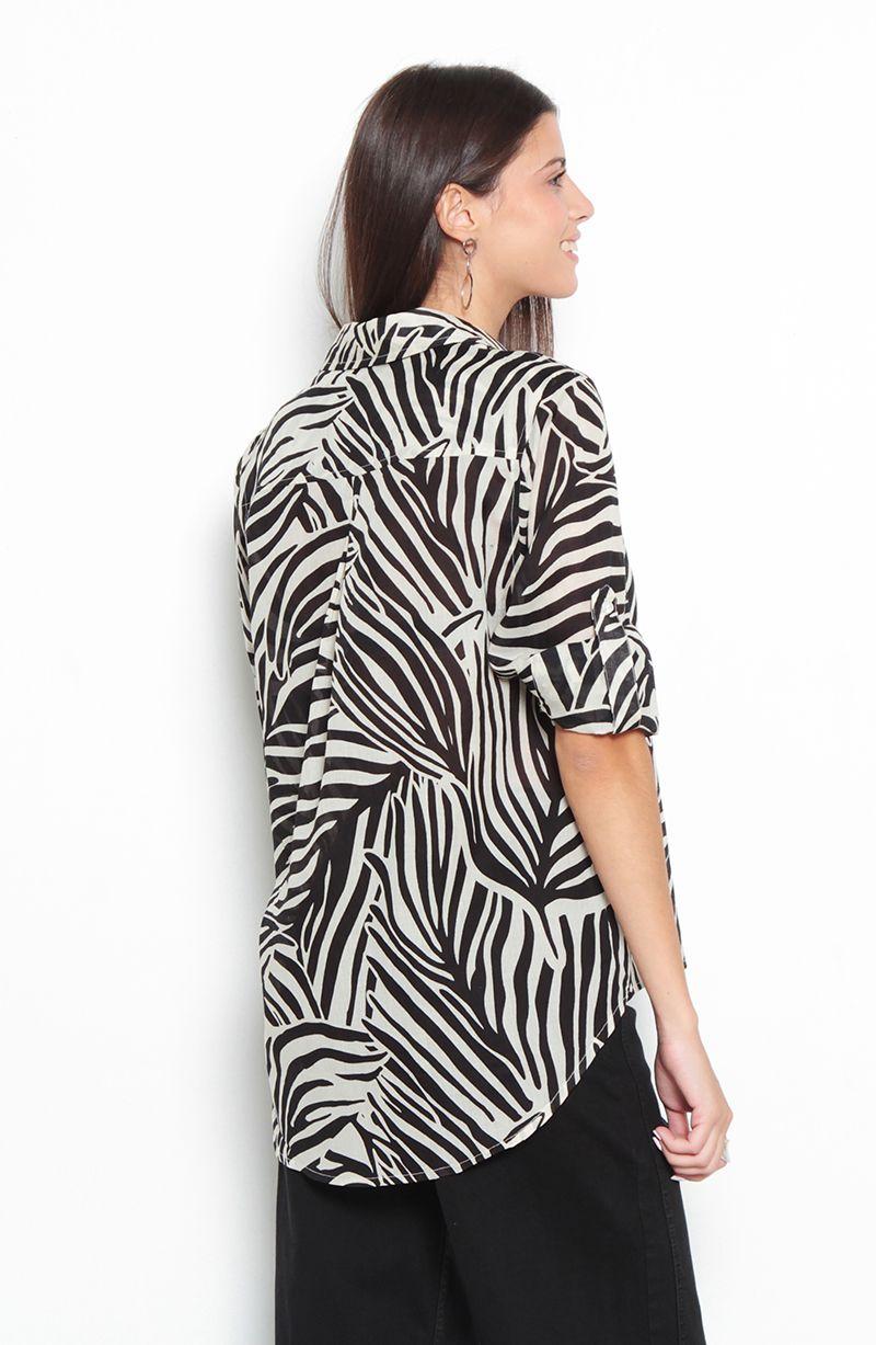 Blusa Estampada Manga Larga Abotonada En Delantero Y Bolsillo-3