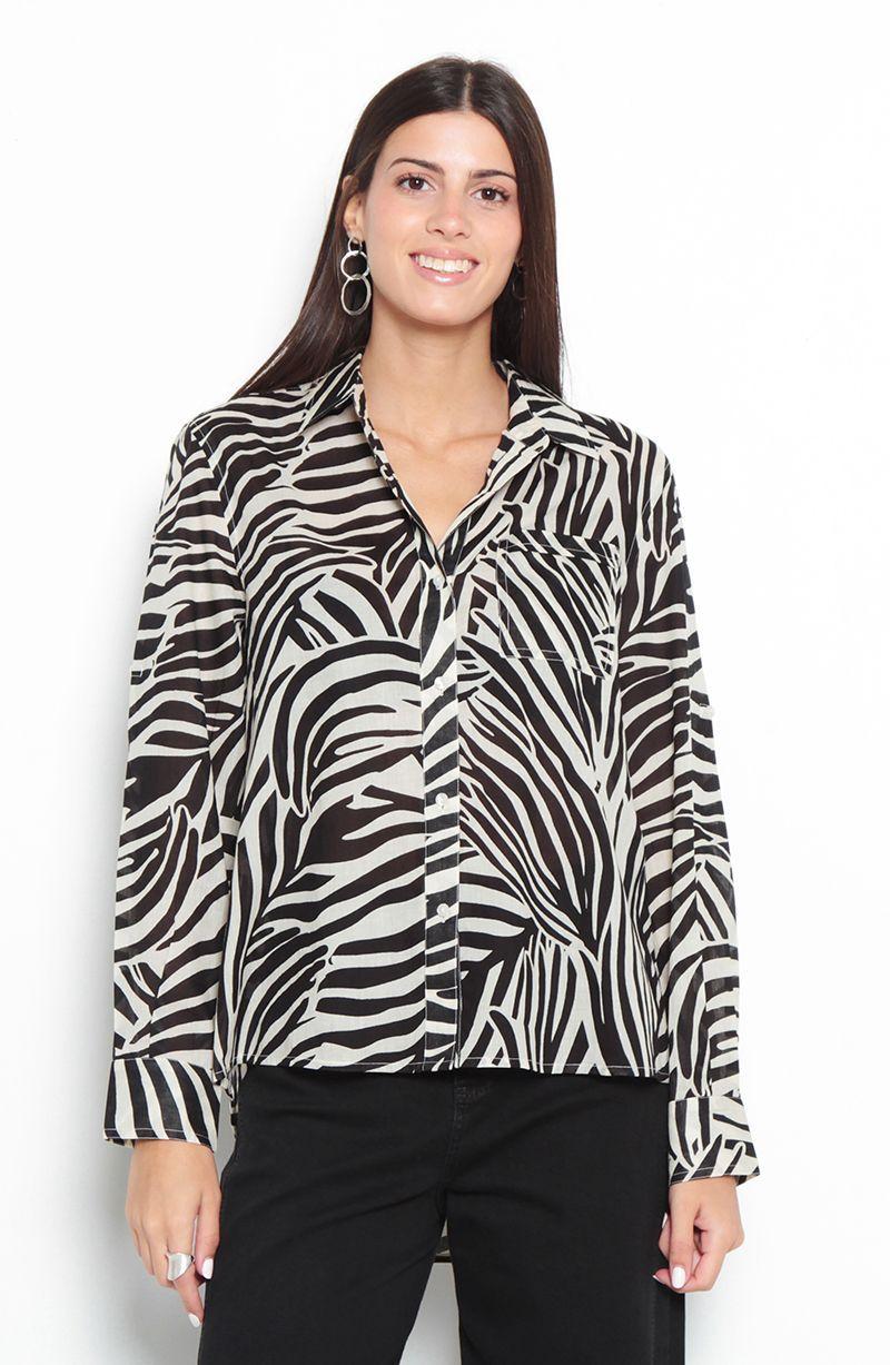Blusa Estampada Manga Larga Abotonada En Delantero Y Bolsillo-0