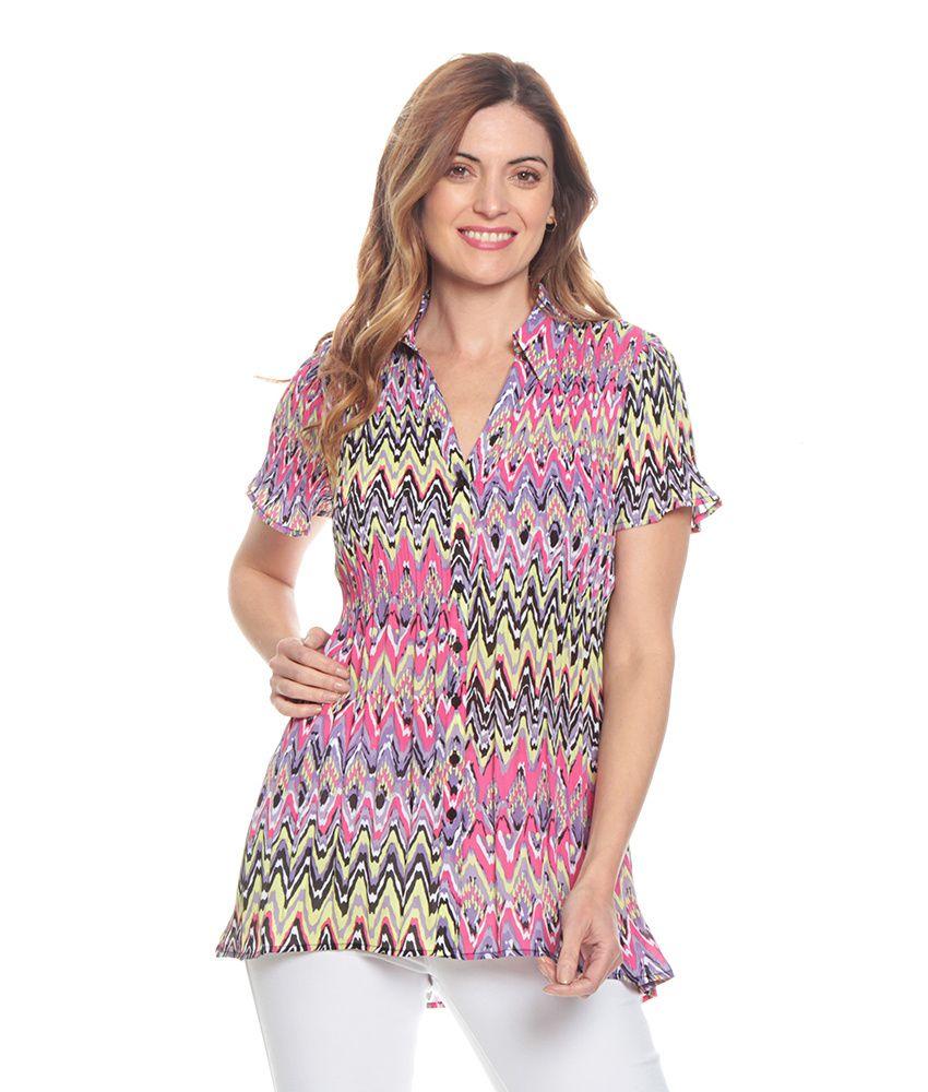 Blusa Plisada Estampada Con Manga Corta Cuello Camisero-0