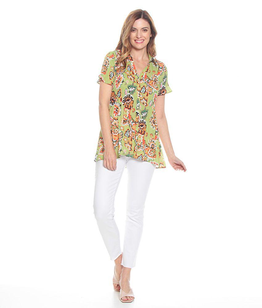 Blusa Plisada Estampada Con Manga Corta Cuello Camisero-0