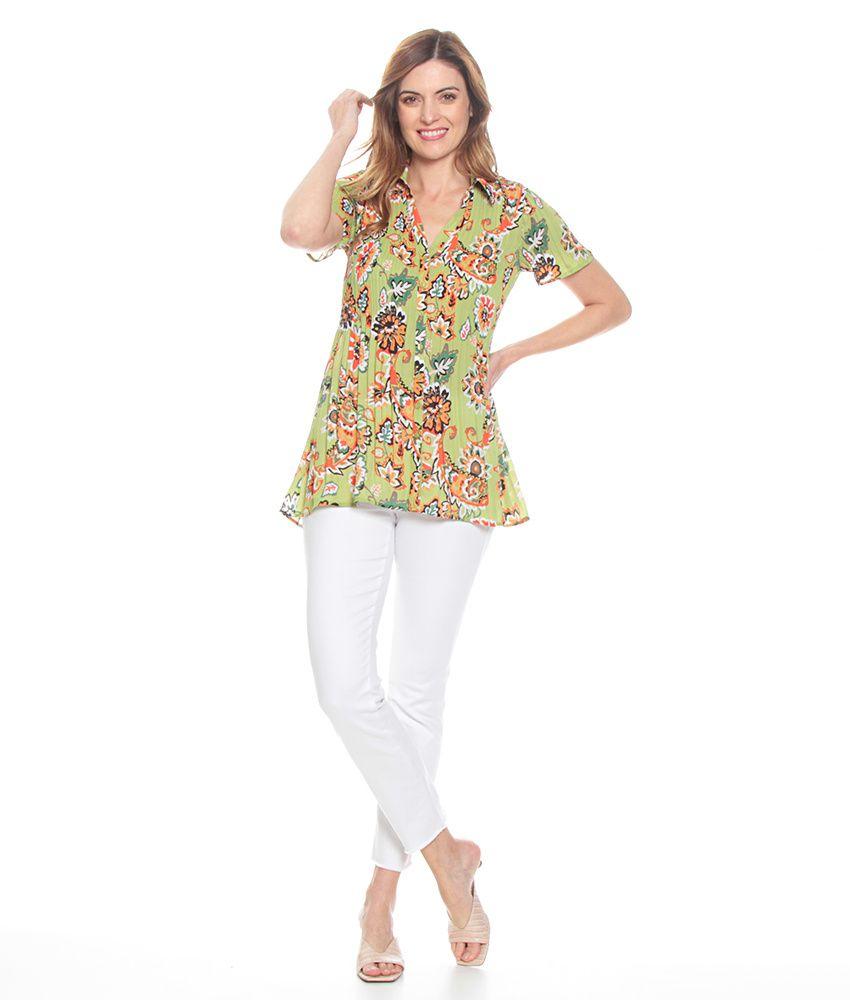 Blusa Plisada Estampada Con Manga Corta Cuello Camisero-1