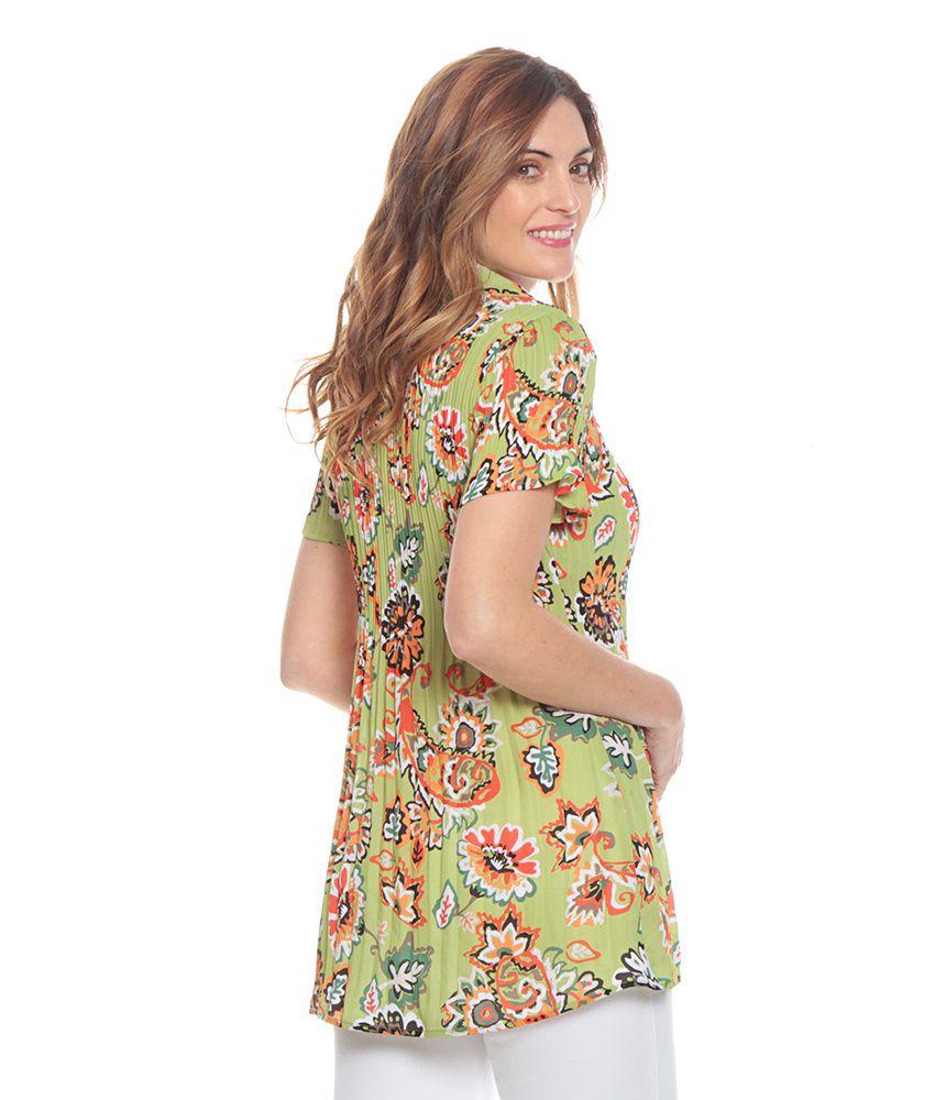 Blusa Plisada Estampada Con Manga Corta Cuello Camisero-2
