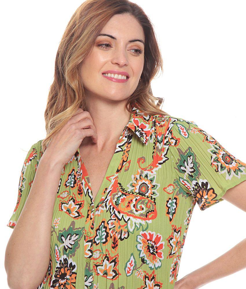 Blusa Plisada Estampada Con Manga Corta Cuello Camisero-3