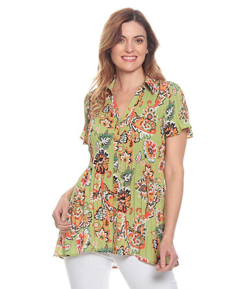 Blusa Plisada Estampada Con Manga Corta Cuello Camisero-4