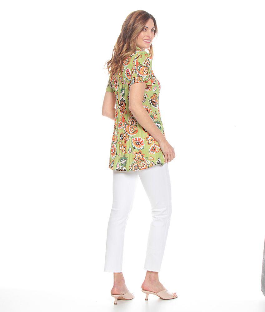 Blusa Plisada Estampada Con Manga Corta Cuello Camisero-5