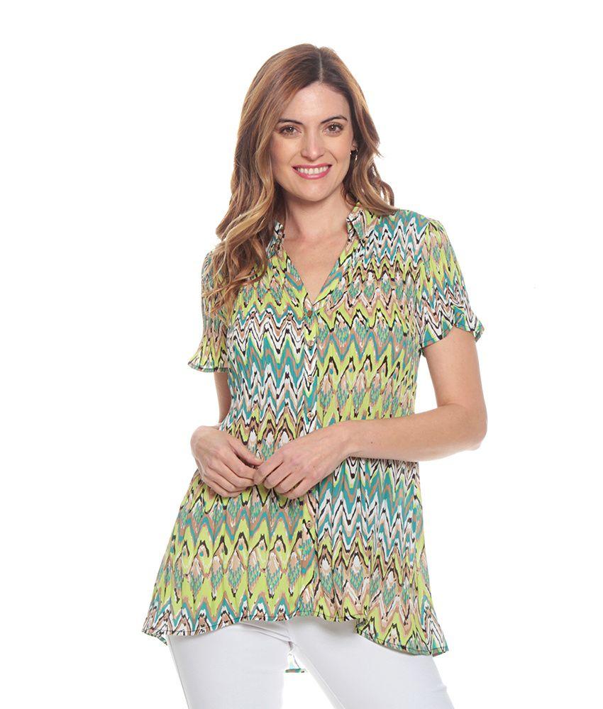 Blusa Plisada Estampada Con Manga Corta Cuello Camisero-0