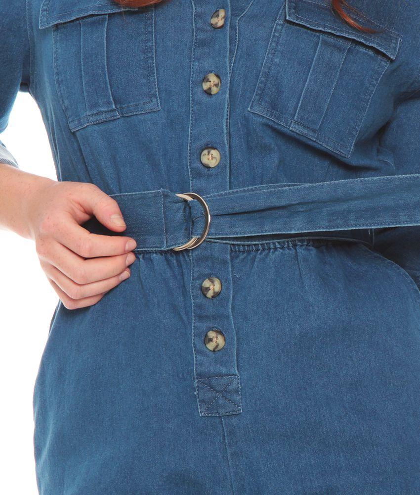 Enterito Manga Larga Con Bolsillo Y Lazo En Cintura Denim-4