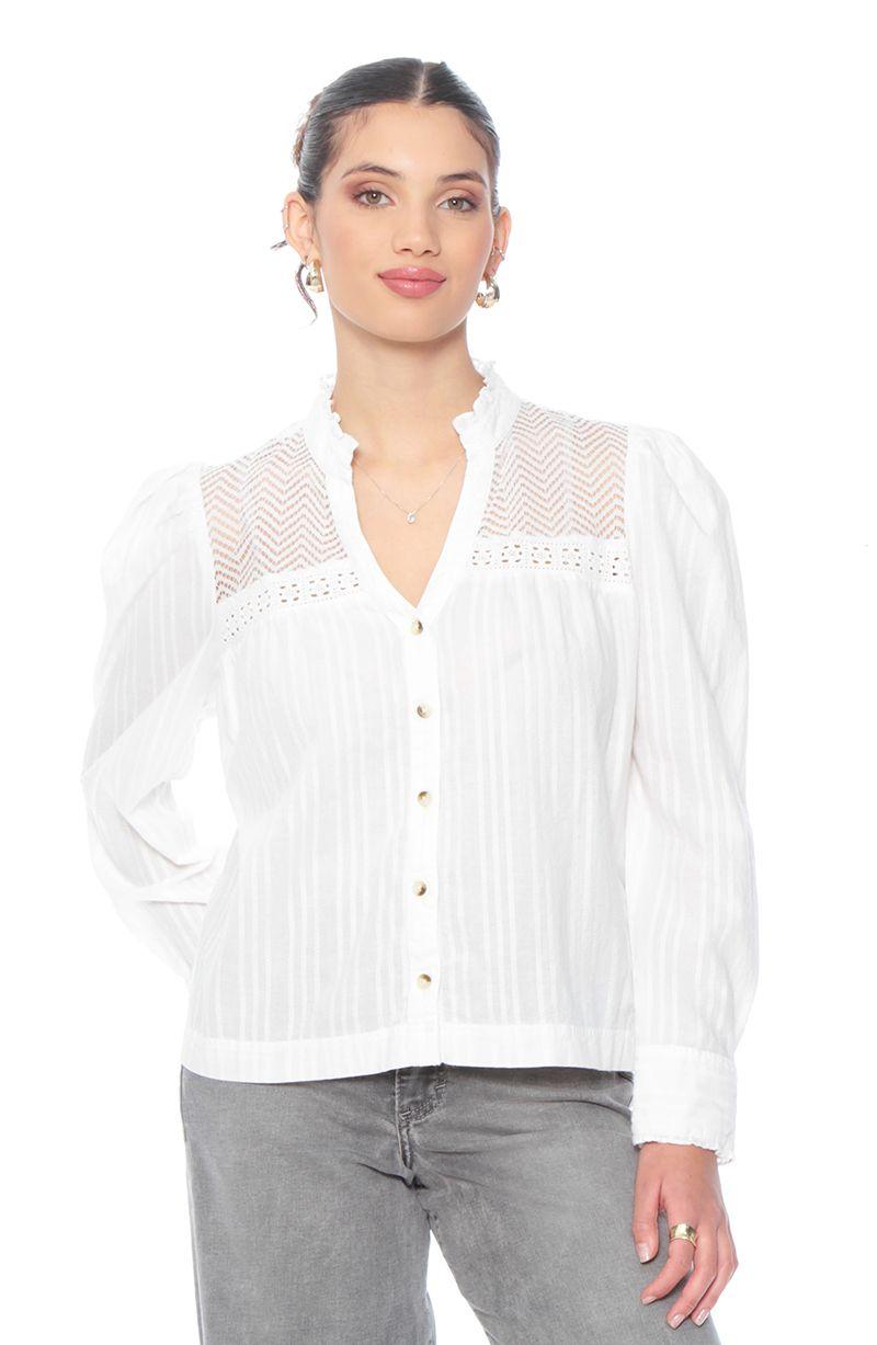 Blusa Manga Larga Brodery Abotonada En Delantero Y Aplicacion-0