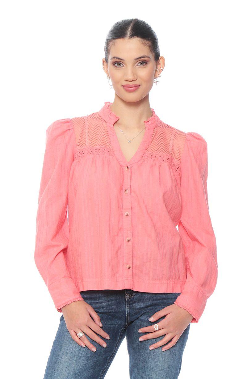 Blusa Manga Larga Brodery Abotonada En Delantero Y Aplicacion-0
