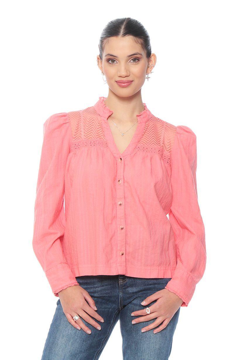 Blusa Manga Larga Brodery Abotonada En Delantero Y Aplicacion-0