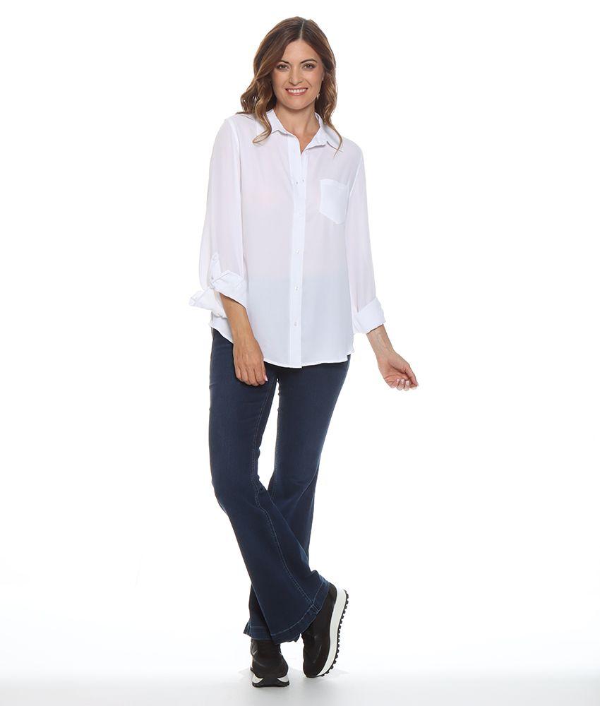 Blusa Manga Larga Solida Cuello Camiero Bolsillos Delantero-4