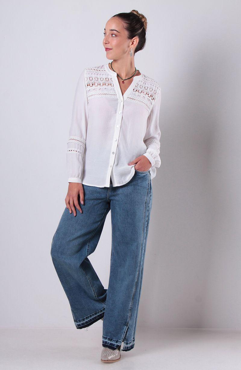 Blusa Manga Larga Brodery Abotonada En Delantero Escote V-3