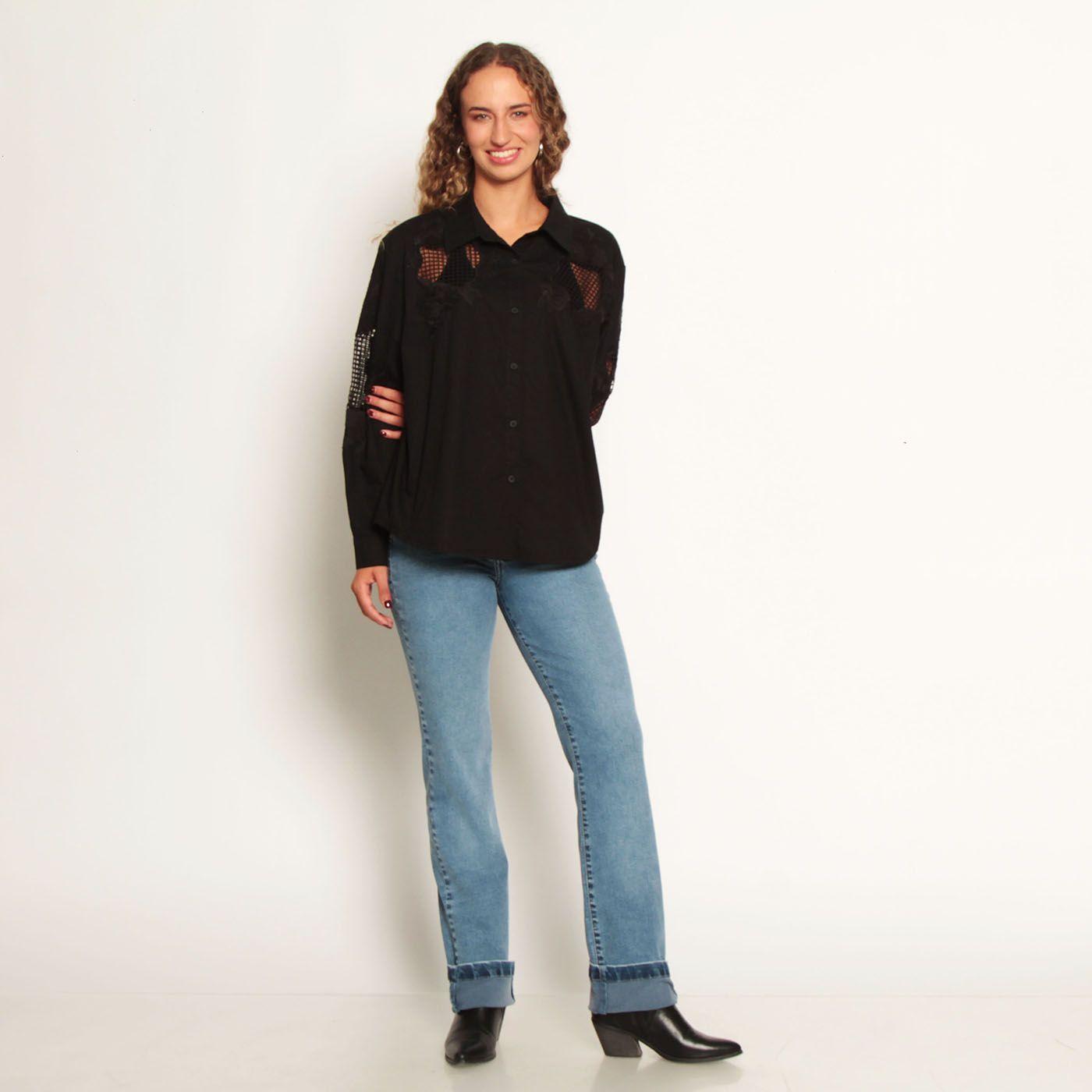 Blusa Manga Larga Con Aplicacion De Encaje Abotonada En Delantero-3