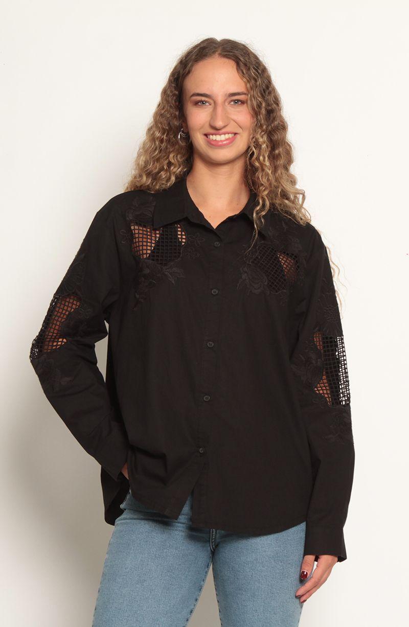 Blusa Manga Larga Con Aplicacion De Encaje Abotonada En Delantero-0