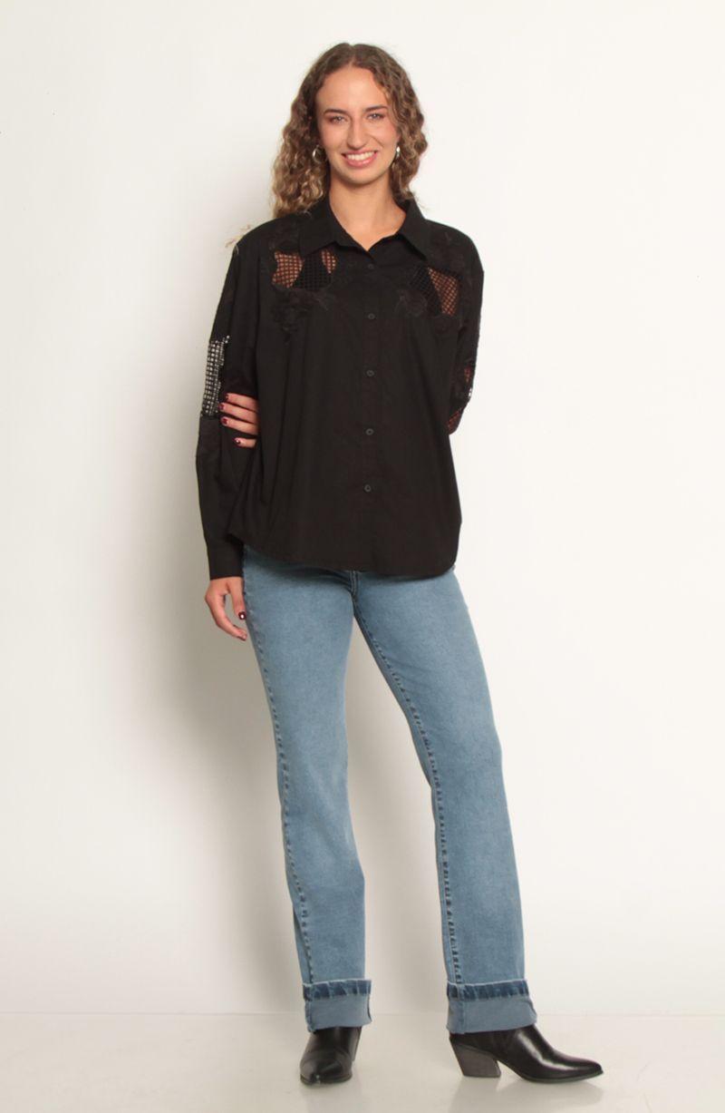 Blusa Manga Larga Con Aplicacion De Encaje Abotonada En Delantero-2