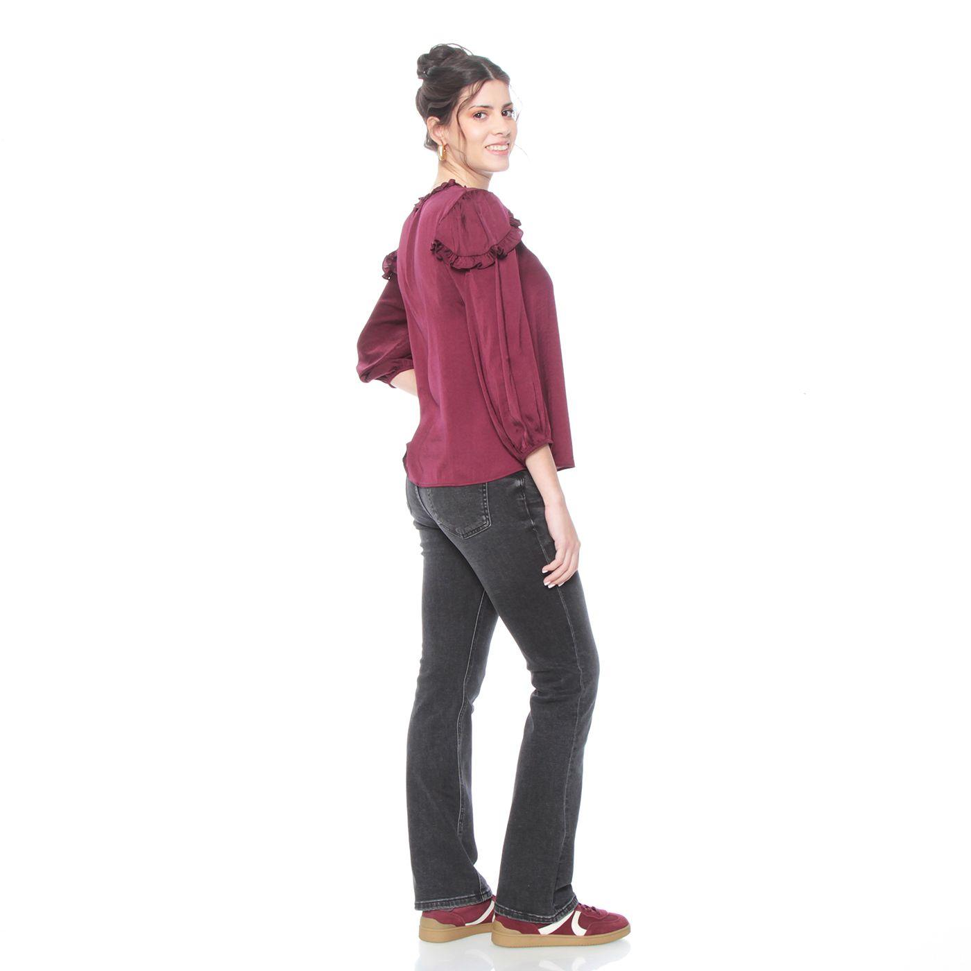 Blusa Manga Larga Satinada Con Alicacion En Escote Y Mangas-5