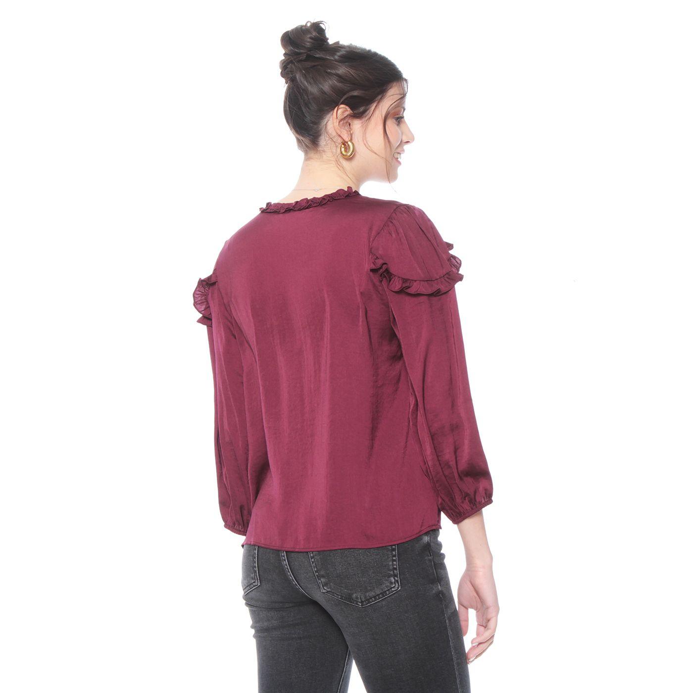 Blusa Manga Larga Satinada Con Alicacion En Escote Y Mangas-6