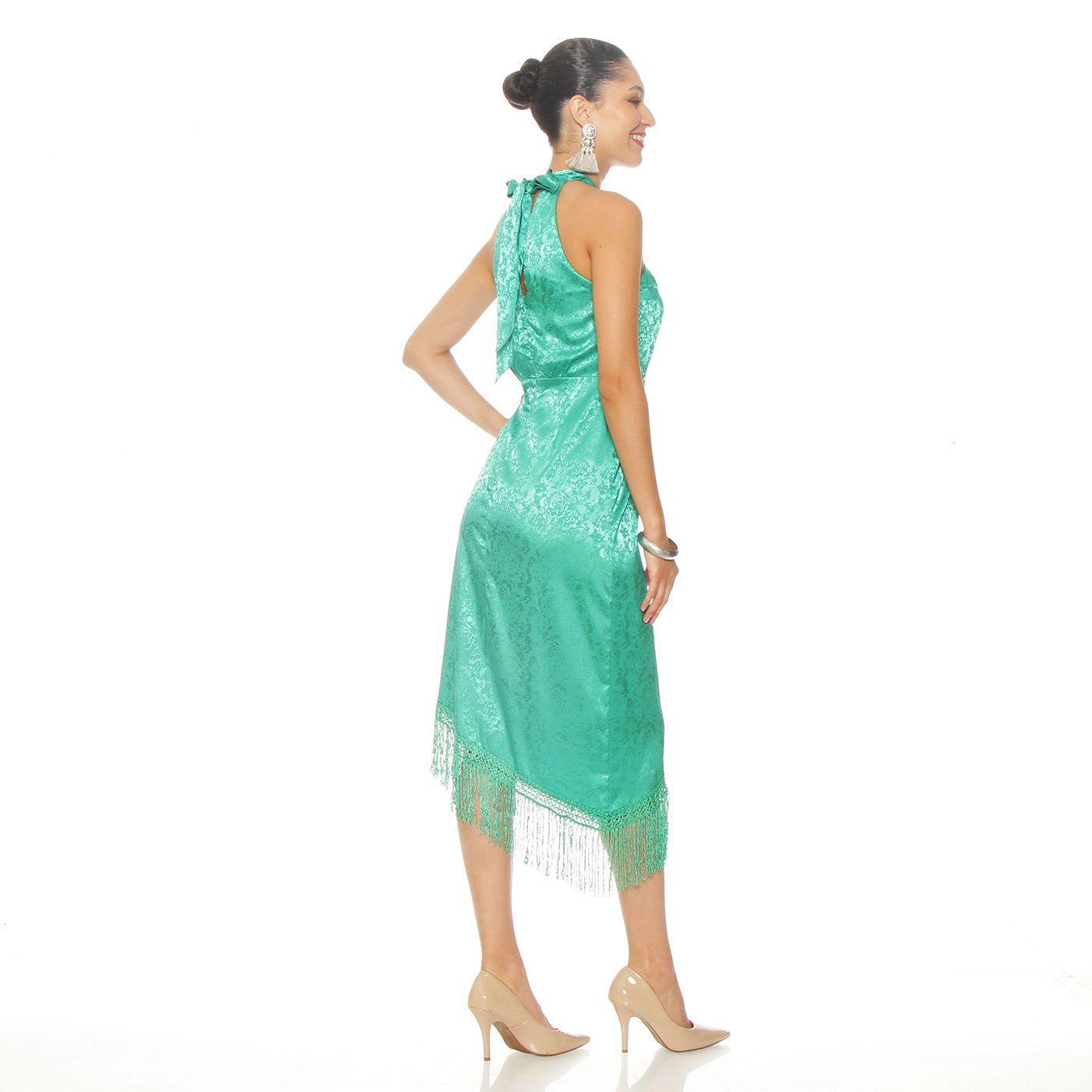 Vestido Sin Manga Cintura Elasticada Y  Fleco En Ruedo-5