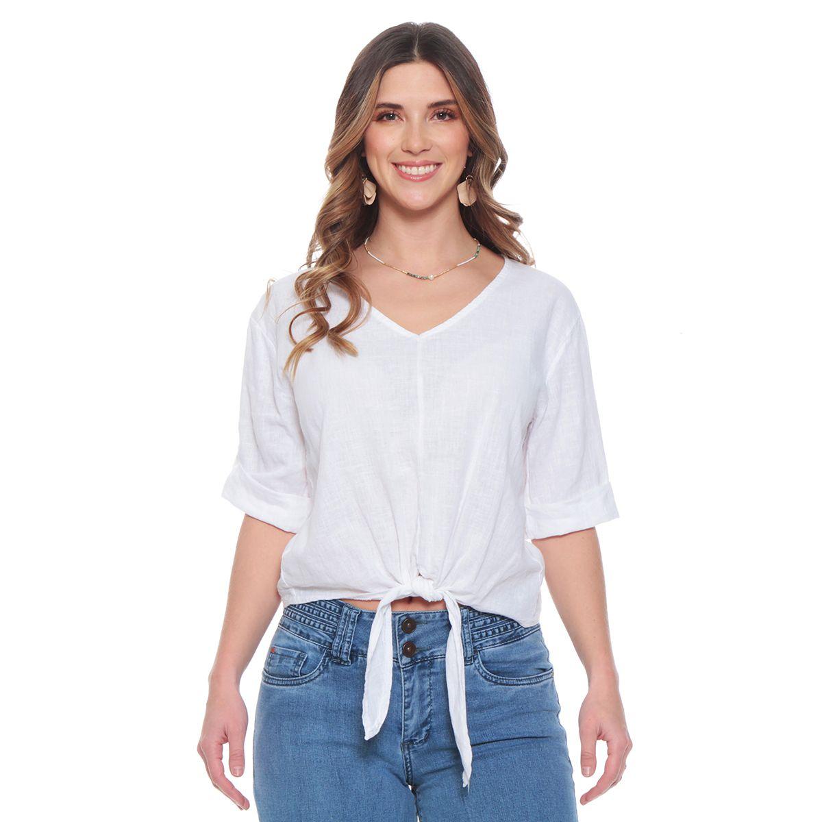 Blusa Manga 3/4 Ajustable Lino Solida Escote V Cintura Amarrada-0