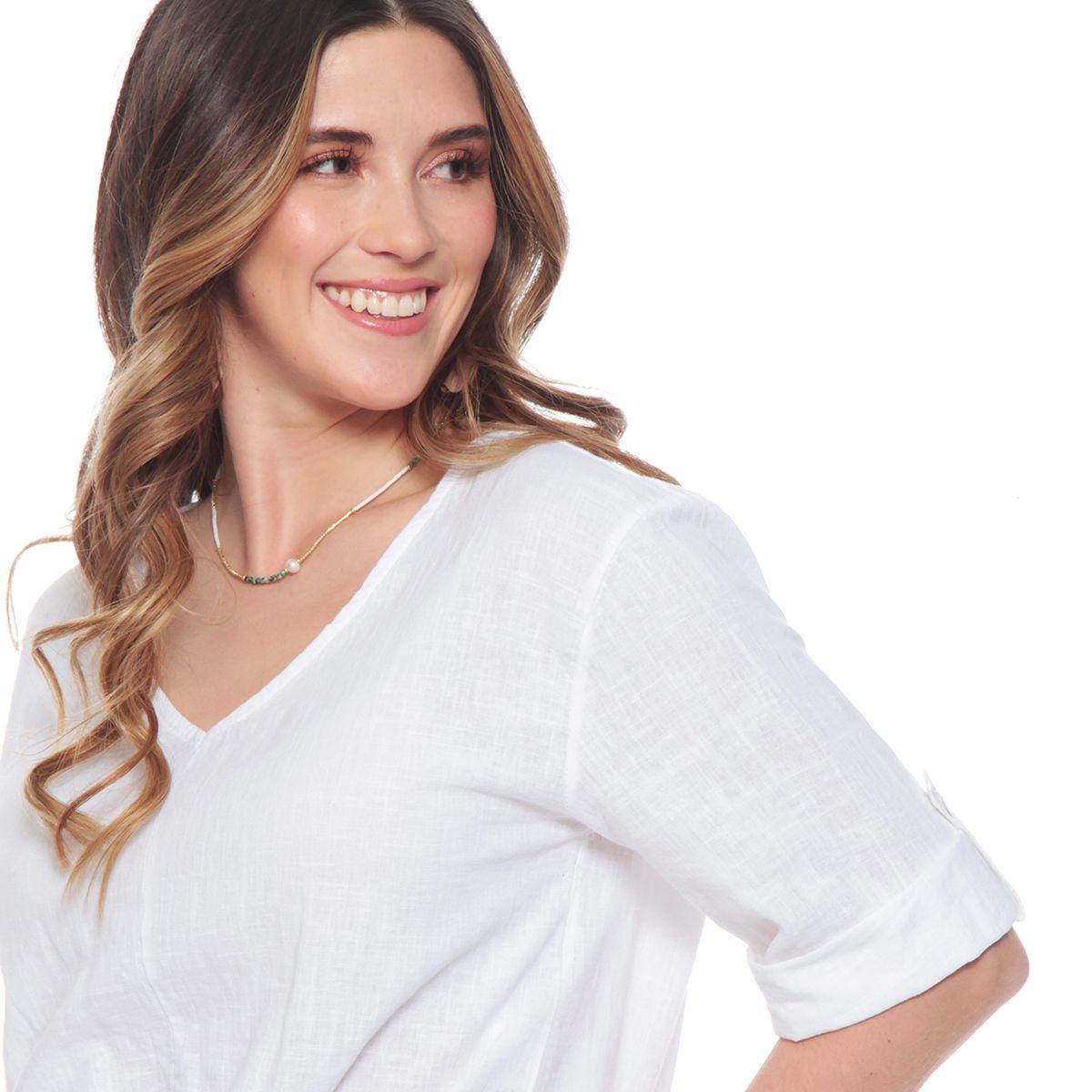 Blusa Manga 3/4 Ajustable Lino Solida Escote V Cintura Amarrada-1