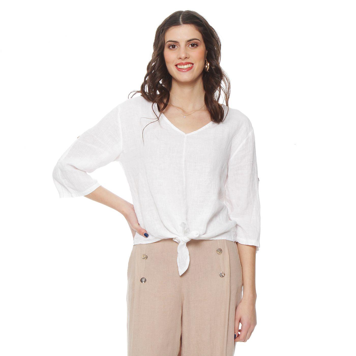 Blusa Manga 3/4 Ajustable Lino Solida Escote V Cintura Amarrada-0