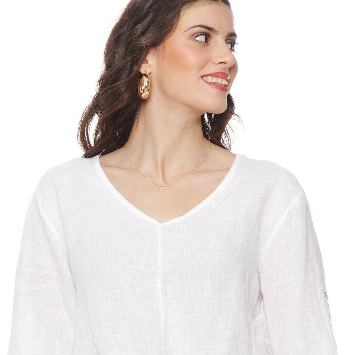 Blusa Manga 3/4 Ajustable Lino Solida Escote V Cintura Amarrada-1