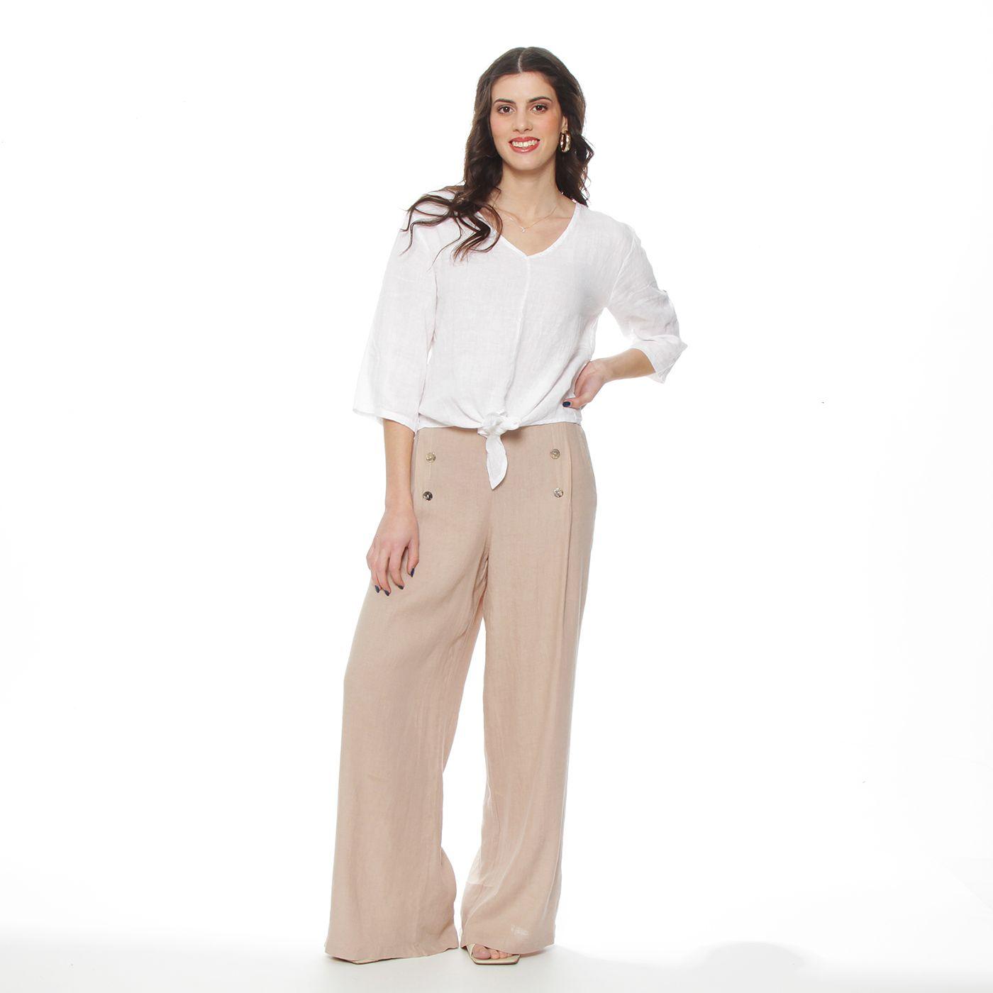 Blusa Manga 3/4 Ajustable Lino Solida Escote V Cintura Amarrada-2