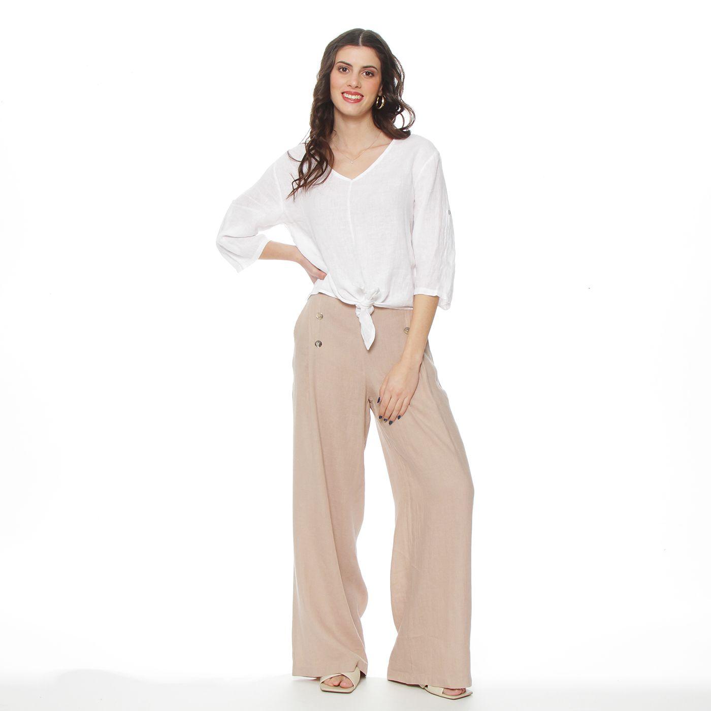 Blusa Manga 3/4 Ajustable Lino Solida Escote V Cintura Amarrada-3