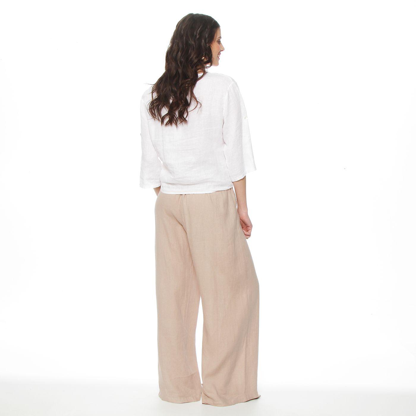 Blusa Manga 3/4 Ajustable Lino Solida Escote V Cintura Amarrada-5