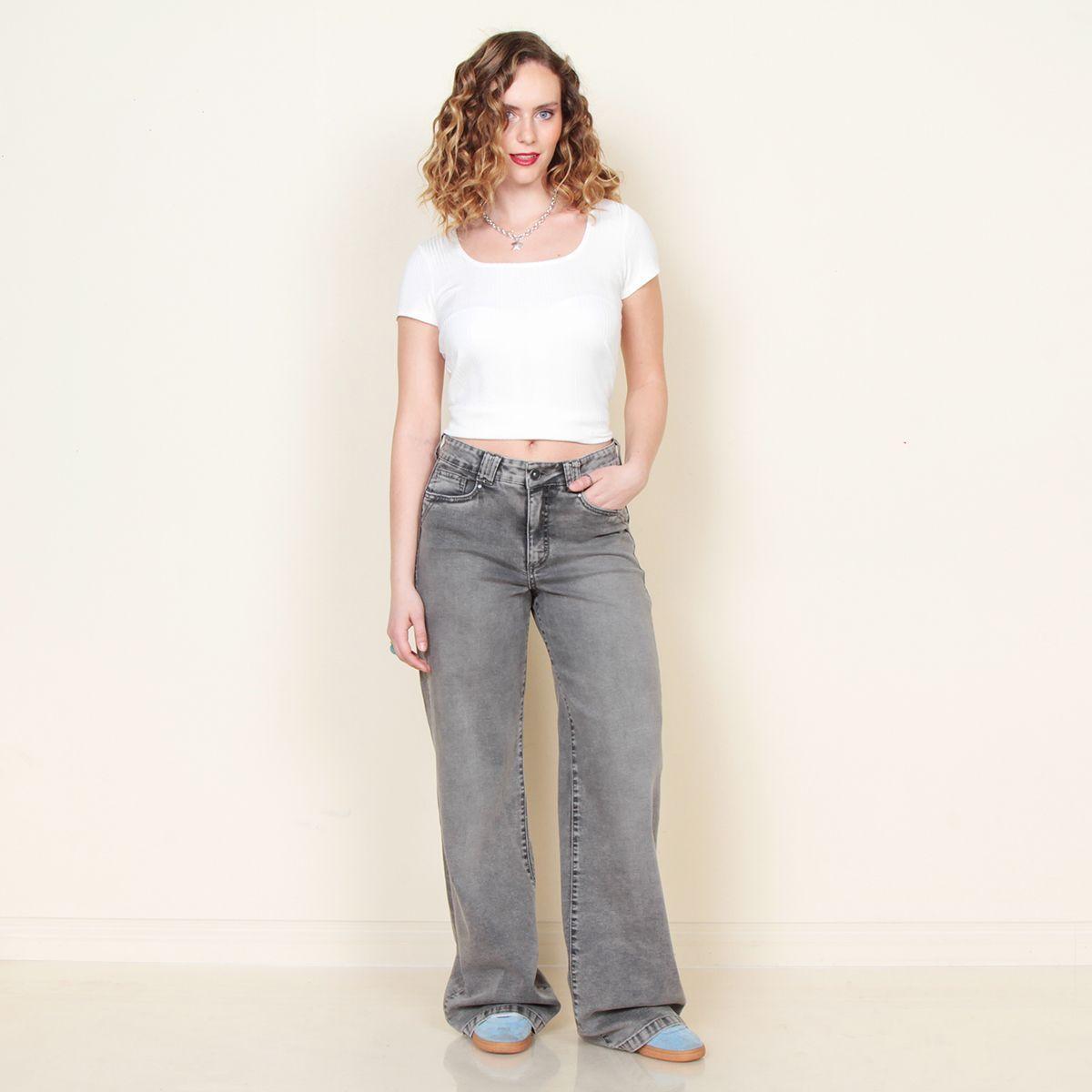 Jeans Wide Leg Tiro Alto Pretina Basica 1 Boton Push Up Tachas-0