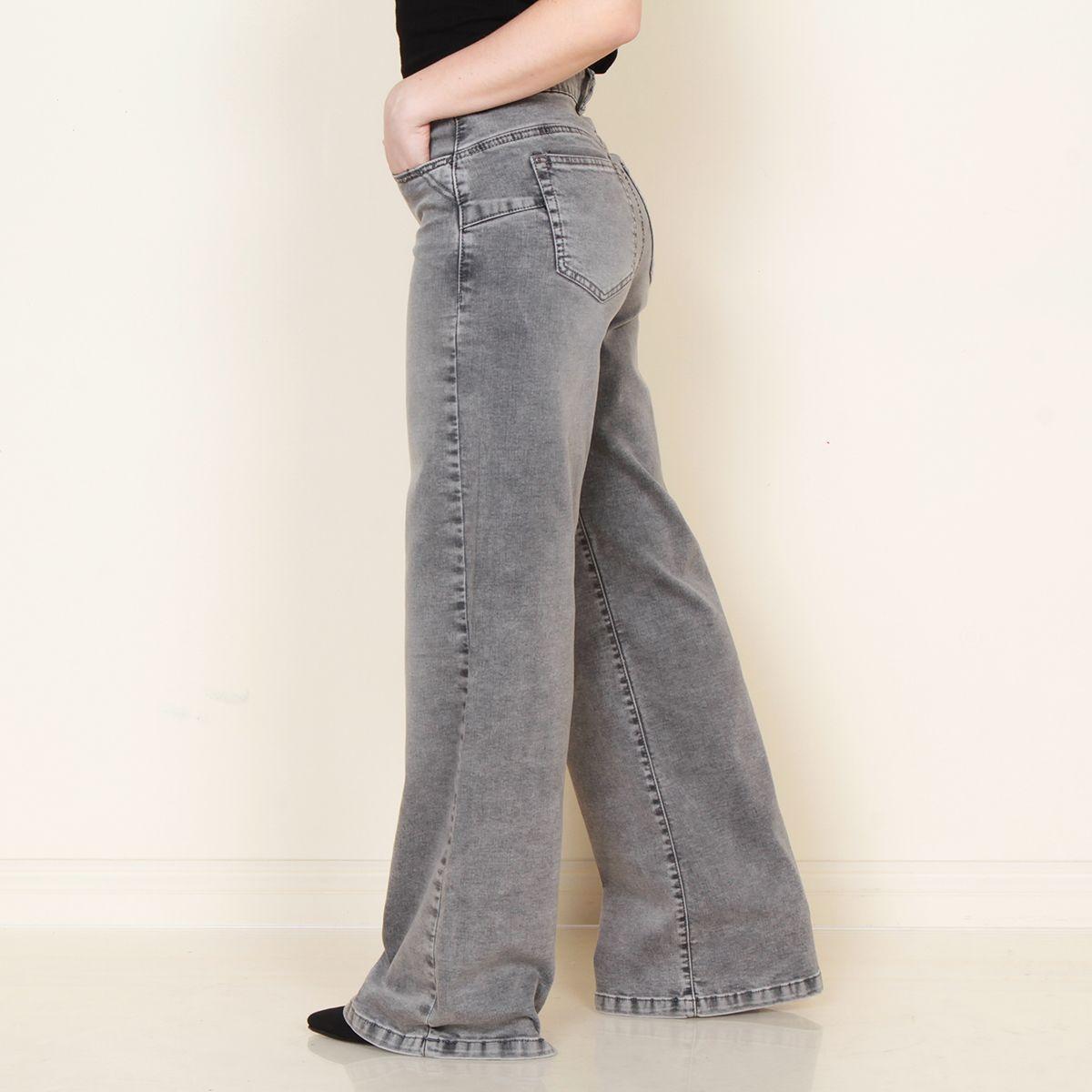Jeans Wide Leg Tiro Alto Pretina Basica 1 Boton Push Up Tachas-5