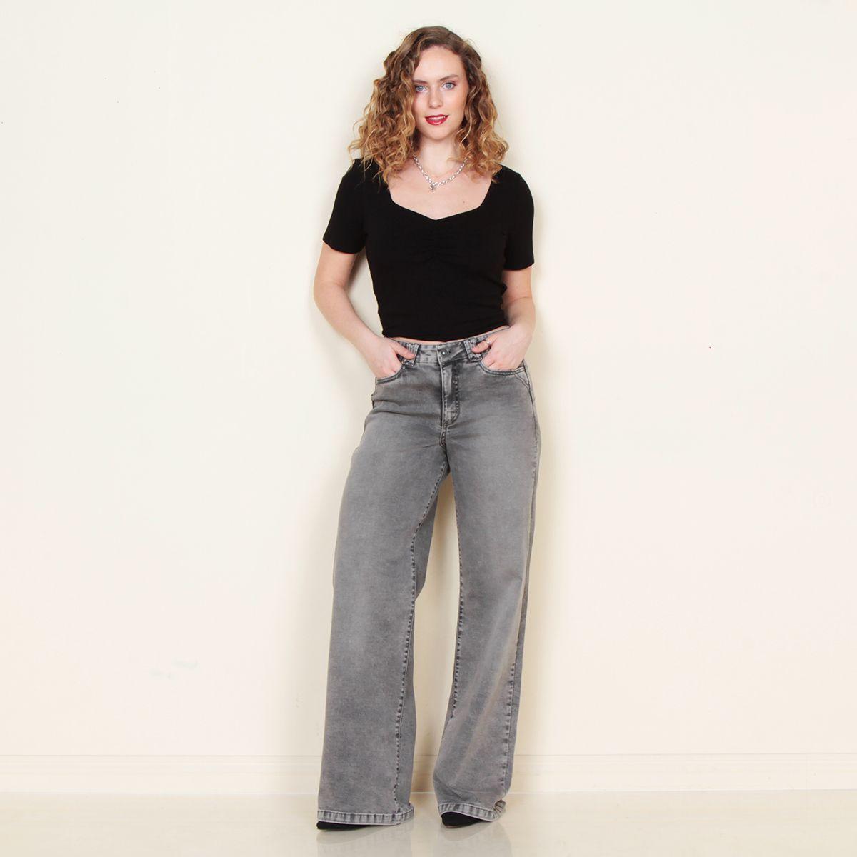 Jeans Wide Leg Tiro Alto Pretina Basica 1 Boton Push Up Tachas-8